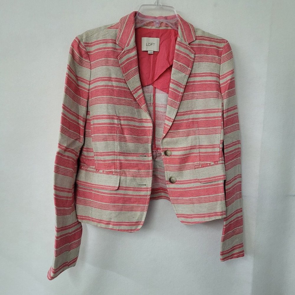 Loft Blazer Womens 6 Linen Coral/Cream Stripe Long Sleeve Lined 2-Button *Flaw